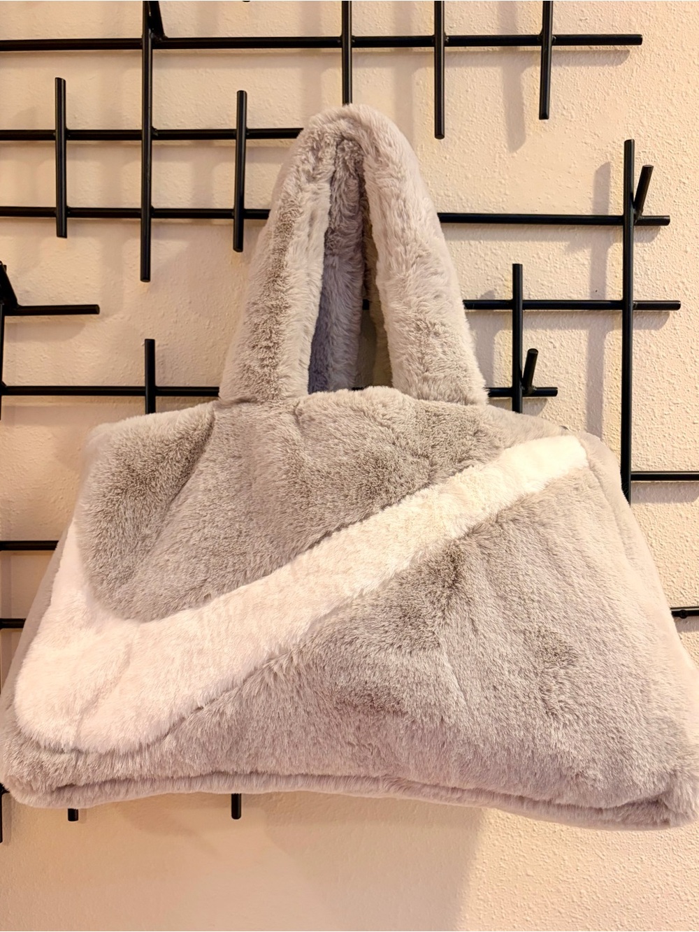 Nike Plush Faux-Fur Tote Bag - Light Gray and Cream